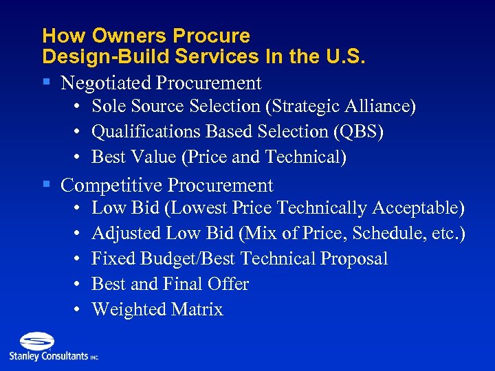 How Owners Procure Design-Build Services In the U. S. § Negotiated Procurement • Sole