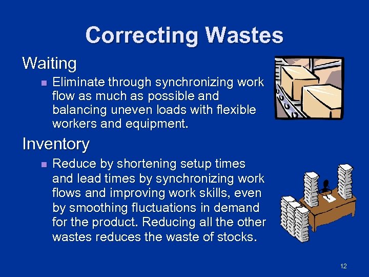 Correcting Wastes Waiting n Eliminate through synchronizing work flow as much as possible and