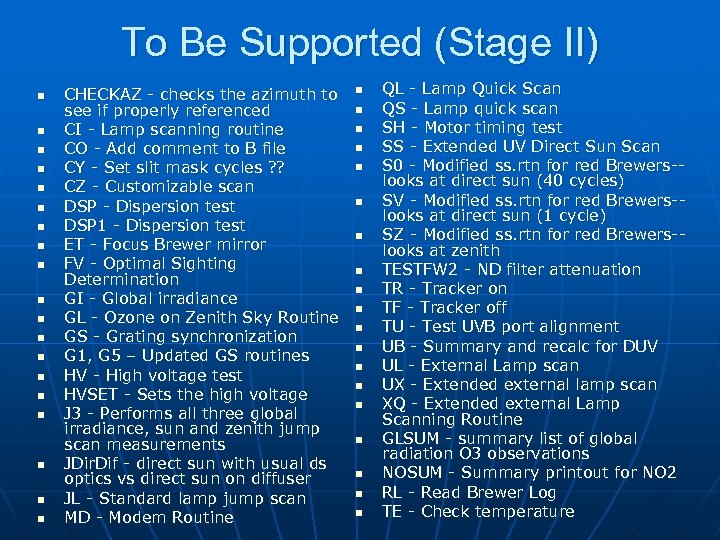 To Be Supported (Stage II) n n n n n CHECKAZ - checks the