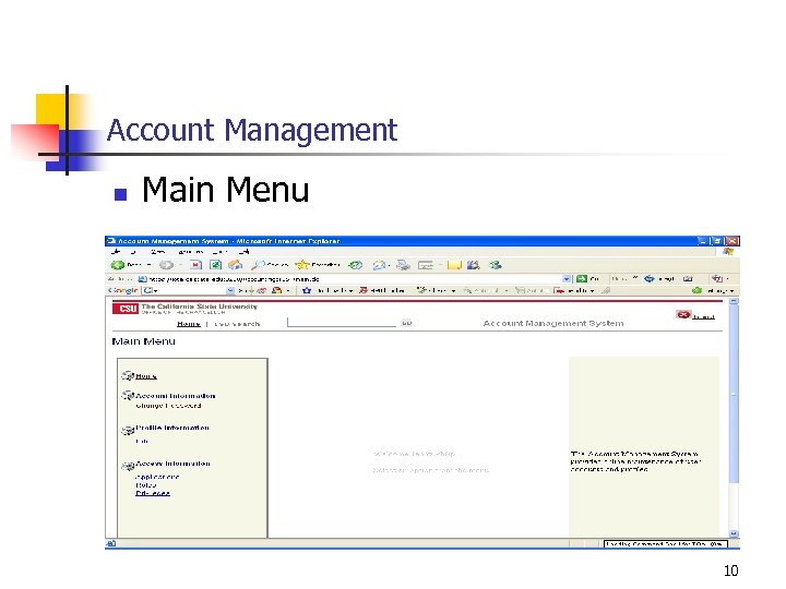 Account Management n Main Menu 10 