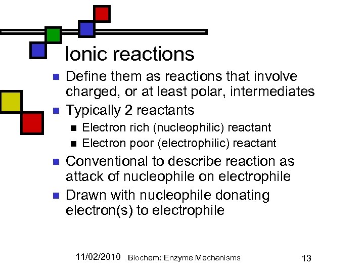 Ionic reactions n n Define them as reactions that involve charged, or at least