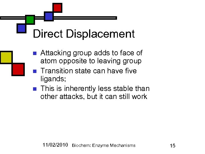 Direct Displacement n n n Attacking group adds to face of atom opposite to