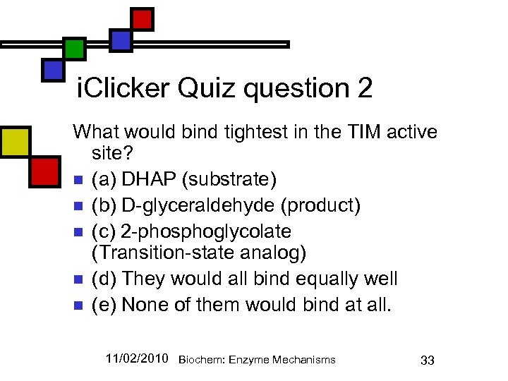 i. Clicker Quiz question 2 What would bind tightest in the TIM active site?
