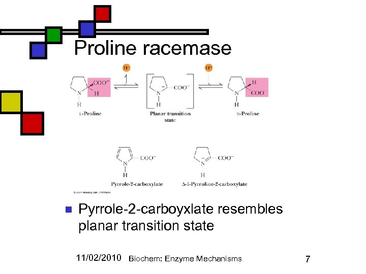 Proline racemase n Pyrrole-2 -carboyxlate resembles planar transition state 11/02/2010 Biochem: Enzyme Mechanisms 7