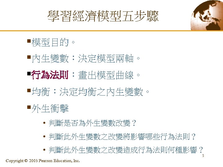 學習經濟模型五步驟 §模型目的。 §內生變數：決定模型兩軸。 §行為法則：畫出模型曲線。 §均衡：決定均衡之內生變數。 §外生衝擊 • 判斷是否為外生變數改變？ • 判斷此外生變數之改變將影響哪些行為法則？ • 判斷此外生變數之改變造成行為法則何種影響？ 5 Copyright