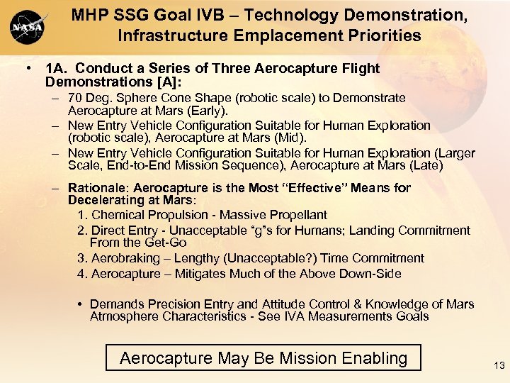 MHP SSG Goal IVB – Technology Demonstration, Infrastructure Emplacement Priorities • 1 A. Conduct