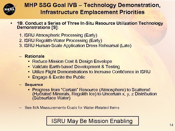 MHP SSG Goal IVB – Technology Demonstration, Infrastructure Emplacement Priorities • 1 B. Conduct
