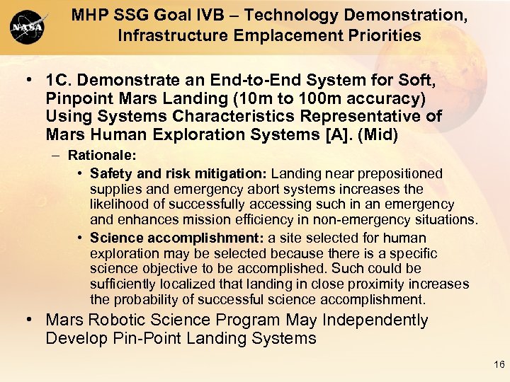 MHP SSG Goal IVB – Technology Demonstration, Infrastructure Emplacement Priorities • 1 C. Demonstrate