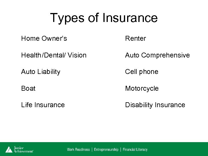 Types of Insurance Home Owner’s Renter Health /Dental/ Vision Auto Comprehensive Auto Liability Cell