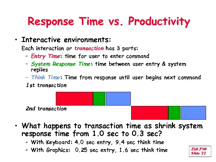 Response Time vs. Productivity • Interactive environments: Each interaction or transaction has 3 parts: