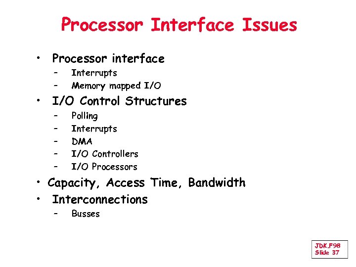 Processor Interface Issues • Processor interface – – Interrupts Memory mapped I/O • I/O