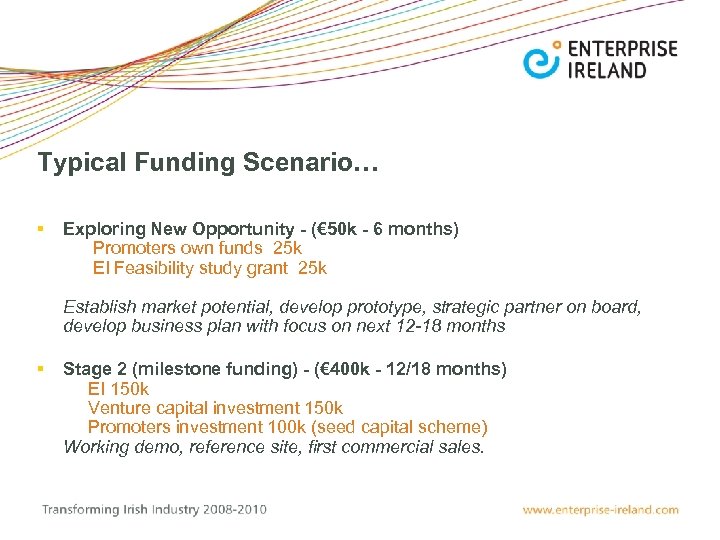 Typical Funding Scenario… § Exploring New Opportunity - (€ 50 k - 6 months)