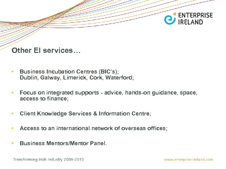 Other EI services… • Business Incubation Centres (BIC’s); Dublin, Galway, Limerick, Cork, Waterford; •
