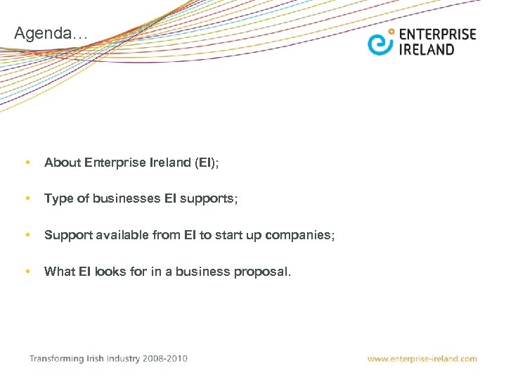 Agenda… • About Enterprise Ireland (EI); • Type of businesses EI supports; • Support