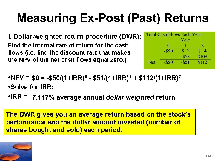 Measuring Ex-Post (Past) Returns i. Dollar-weighted return procedure (DWR): Find the internal rate of