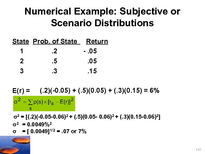 Numerical Example: Subjective or Scenario Distributions State Prob. of State Return 1. 2 -.