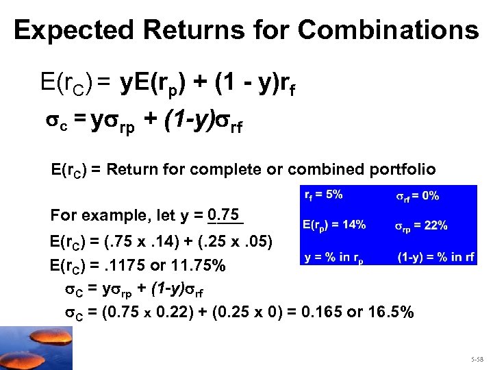 Expected Returns for Combinations E(r. C) = y. E(rp) + (1 - y)rf c