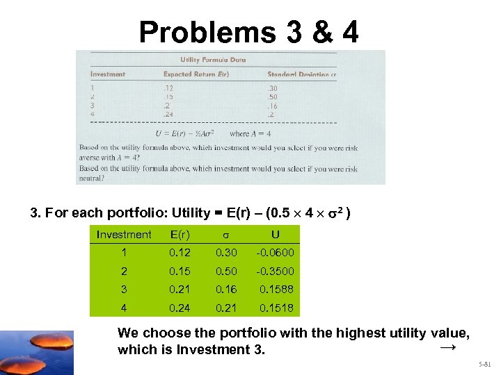 Problems 3 & 4 3. For each portfolio: Utility = E(r) – (0. 5