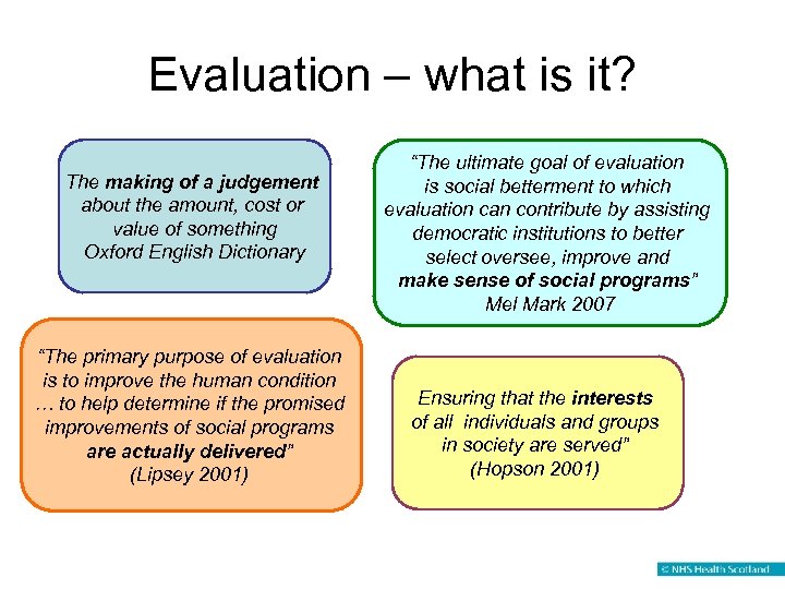 Evaluation – what is it? The making of a judgement about the amount, cost