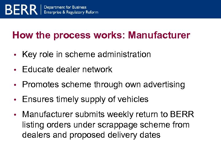 How the process works: Manufacturer • Key role in scheme administration • Educate dealer