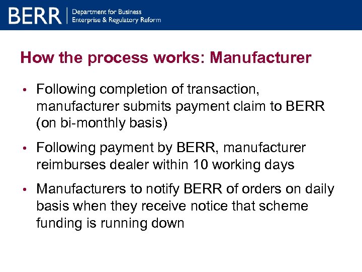 How the process works: Manufacturer • Following completion of transaction, manufacturer submits payment claim