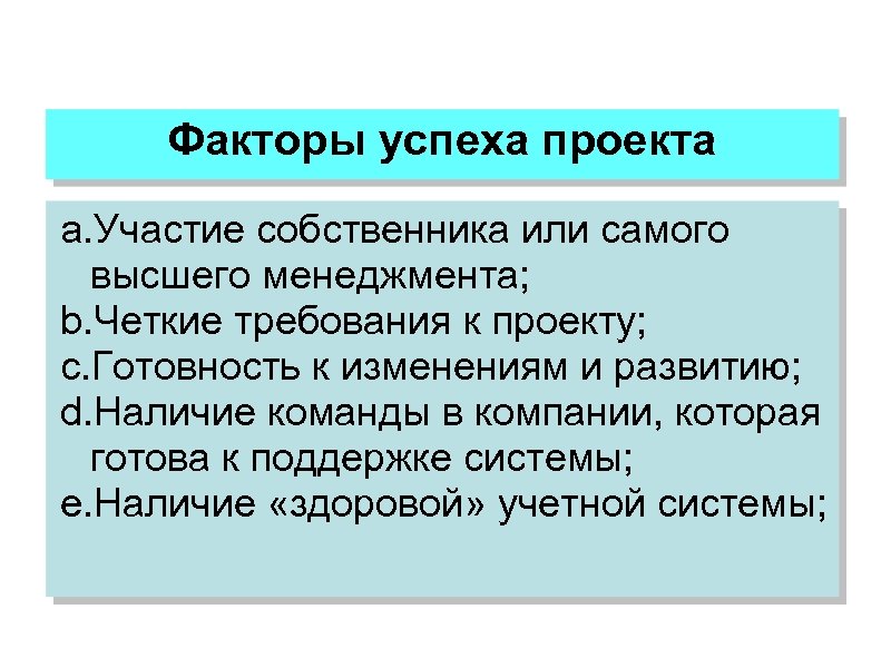 Факторы успешной реализации проекта внутреннего и внешнего характера