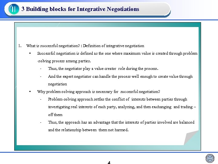 Ⅱ 3 Building blocks for Integrative Negotiations 1. What is successful negotiation? : Definition