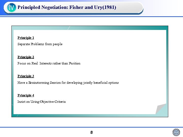 Ⅳ Principled Negotiation: Fisher and Ury(1981) Principle 1 Separate Problems from people Principle 2