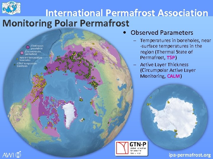 International Permafrost Association Monitoring Polar Permafrost • Observed Parameters – Temperatures in boreholes, near