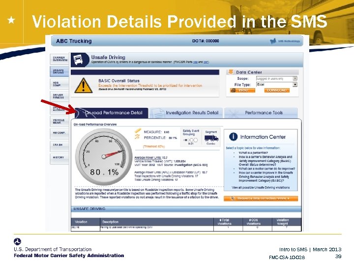 Violation Details Provided in the SMS Intro to SMS | March 2013 39 FMC-CSA-10
