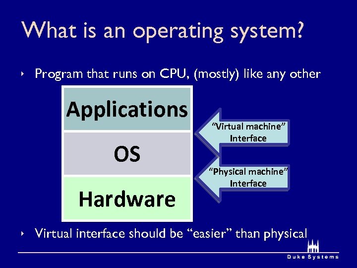 What is an operating system? ê Program that runs on CPU, (mostly) like any