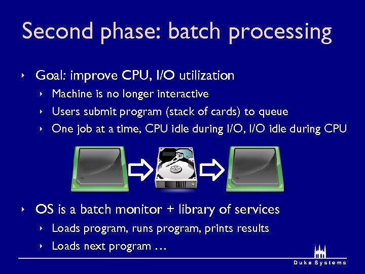 Second phase: batch processing ê Goal: improve CPU, I/O utilization ê Machine is no