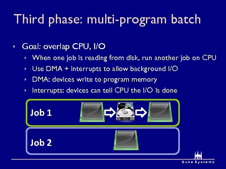 Third phase: multi-program batch ê Goal: overlap CPU, I/O ê ê When one job