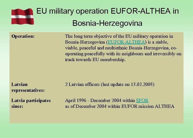 EU military operation EUFOR-ALTHEA in Bosnia-Herzegovina Operation: The long term objective of the EU