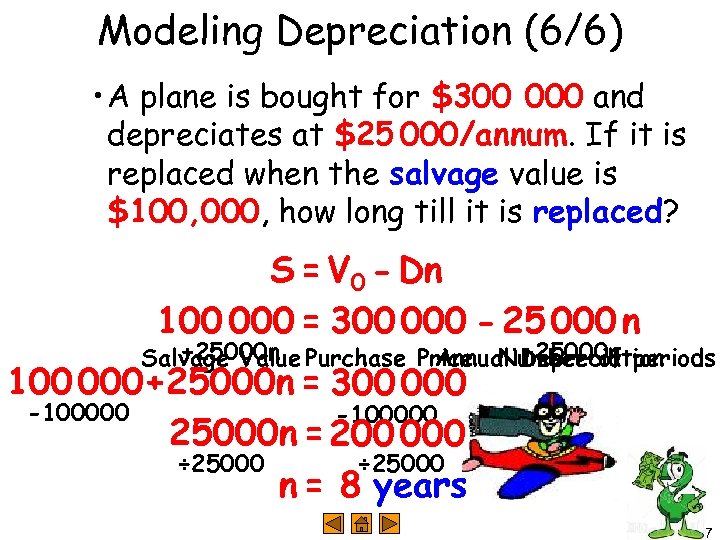 Modeling Depreciation (6/6) • A plane is bought for $300 000 and depreciates at