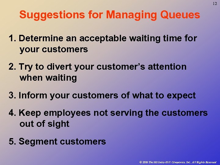 12 Suggestions for Managing Queues 1. Determine an acceptable waiting time for your customers