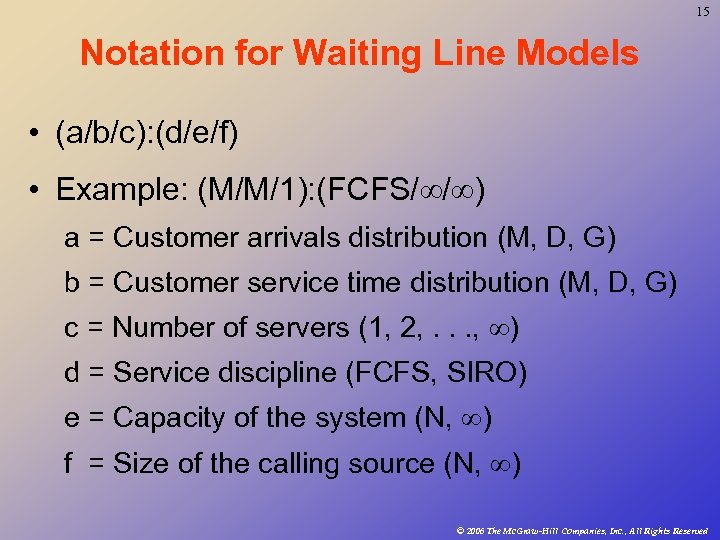 15 Notation for Waiting Line Models • (a/b/c): (d/e/f) • Example: (M/M/1): (FCFS/ /