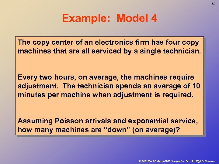 31 Example: Model 4 The copy center of an electronics firm has four copy