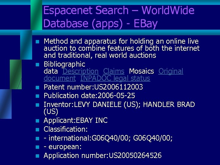 Espacenet Search – World. Wide Database (apps) - EBay n n n n n