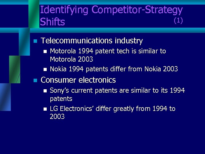 Identifying Competitor-Strategy Shifts (1) n Telecommunications industry n n n Motorola 1994 patent tech