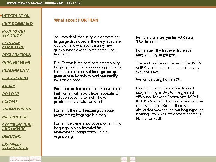 Introduction to Anvendt Datateknikk, TPG 4155 INTRODUCTION UNIX COMMANDS HOW TO GET STARTED? FORTRAN
