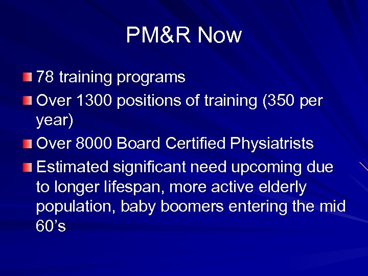 PM&R Now 78 training programs Over 1300 positions of training (350 per year) Over