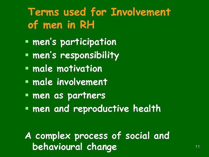 Terms used for Involvement of men in RH § § § men’s participation men’s