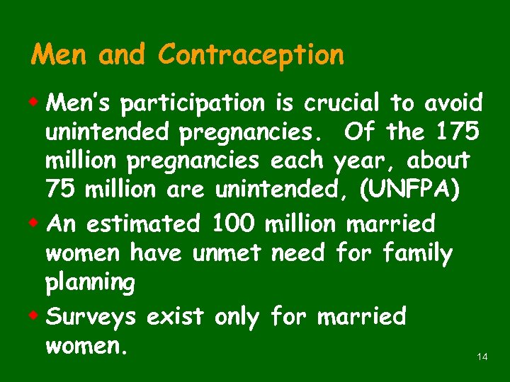 Men and Contraception w Men’s participation is crucial to avoid unintended pregnancies. Of the
