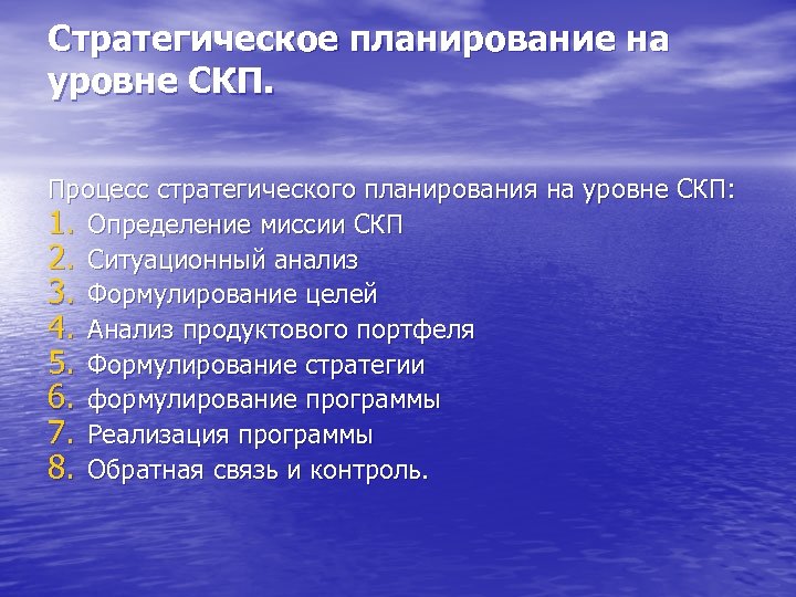 Стратегическое планирование на уровне СКП. Процесс стратегического планирования на уровне СКП: 1. Определение миссии
