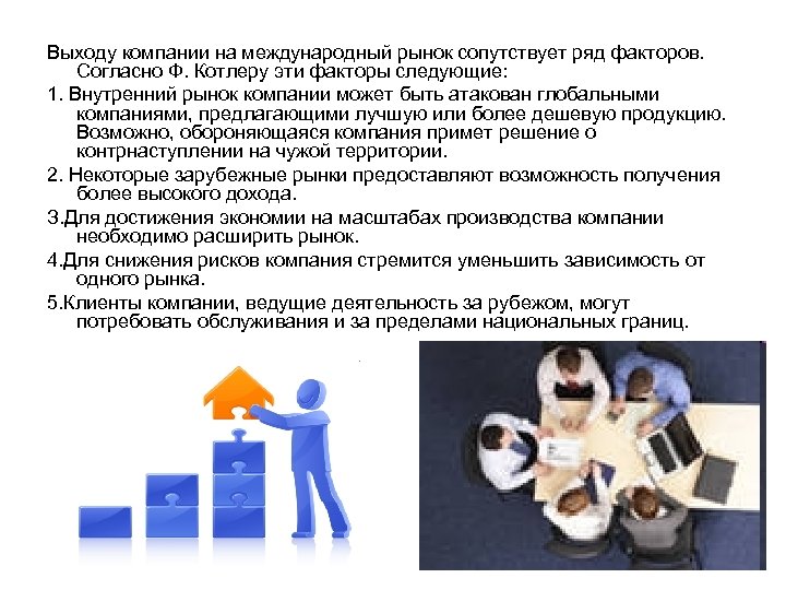 Выходу компании на международный рынок сопутствует ряд факторов. Согласно Ф. Котлеру эти факторы следующие: