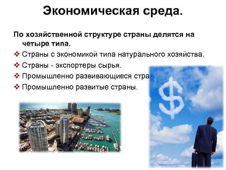 Экономическая среда. По хозяйственной структуре страны делятся на четыре типа. v Страны с экономикой