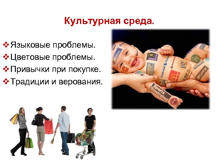 Культурная среда. v Языковые проблемы. v Цветовые проблемы. v Привычки при покупке. v Традиции