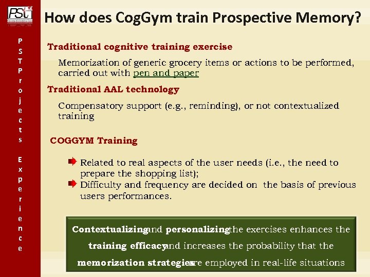 How does Cog. Gym train Prospective Memory? P S T P r o j