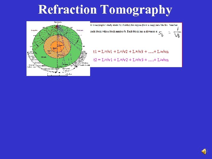 Refraction Tomography t 1 = L 11/v 1 + L 12/v 2 + L